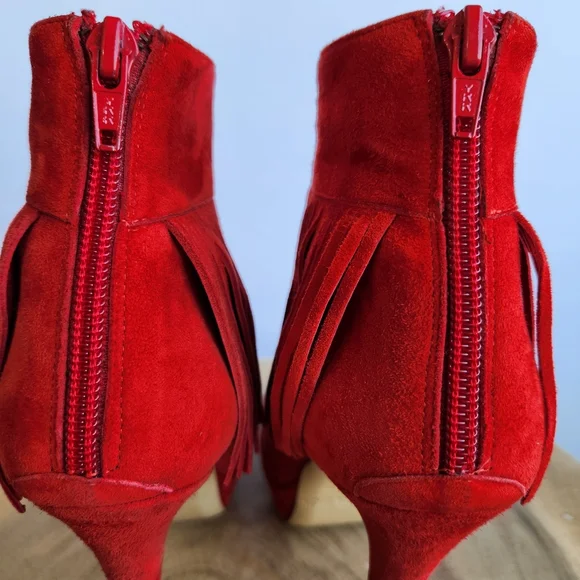 Charles David Lula Fringe Trim Suede Bootie Red Ankle Boot High Heels Size 7 - Picture 6 of 16